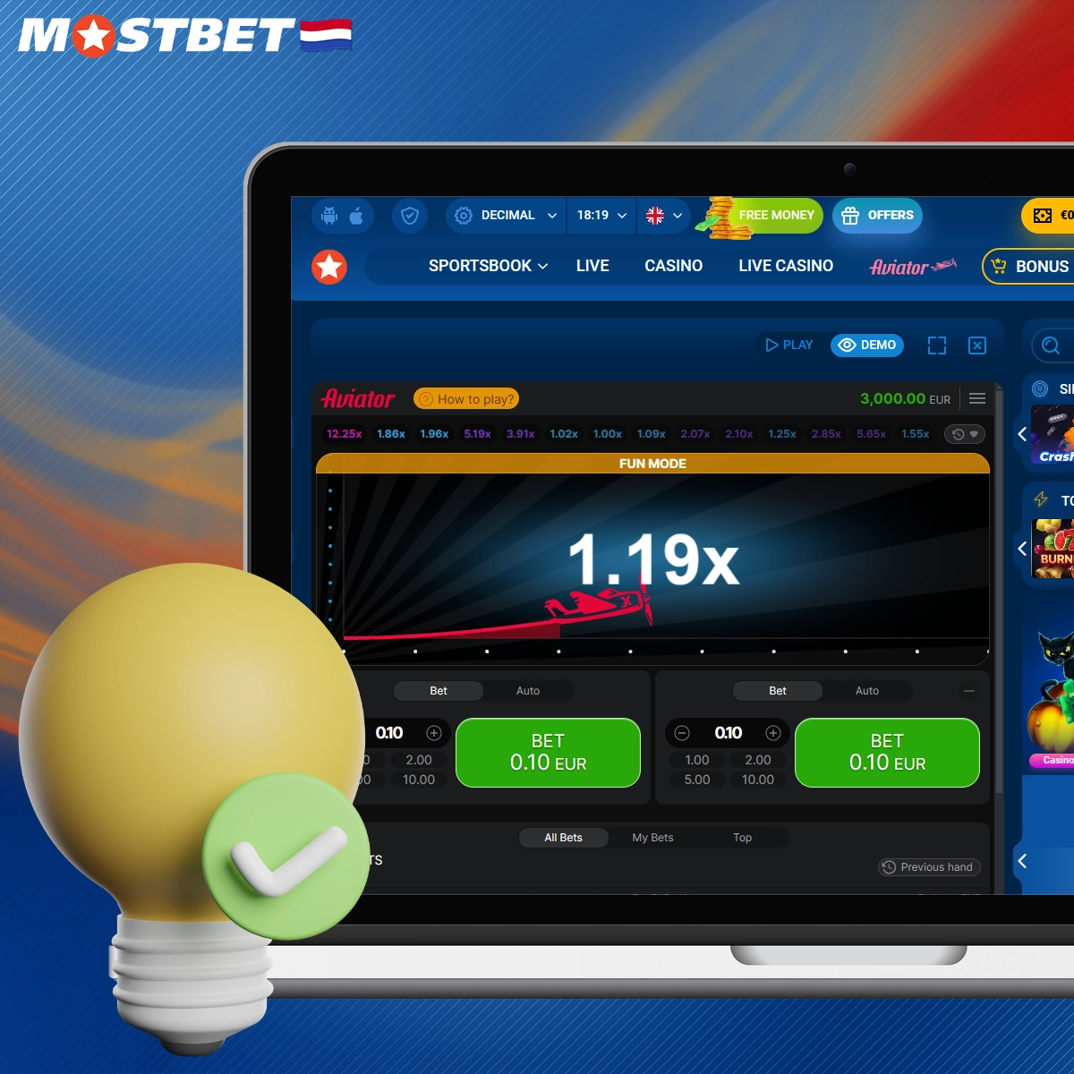 Spelers kunnen kiezen voor een no deposit bonus van 5 gratis weddenschappen voor Mostbet Aviator. Ook wordt de welkomstbonus verdubbeld op de eerste storting tot € 300.