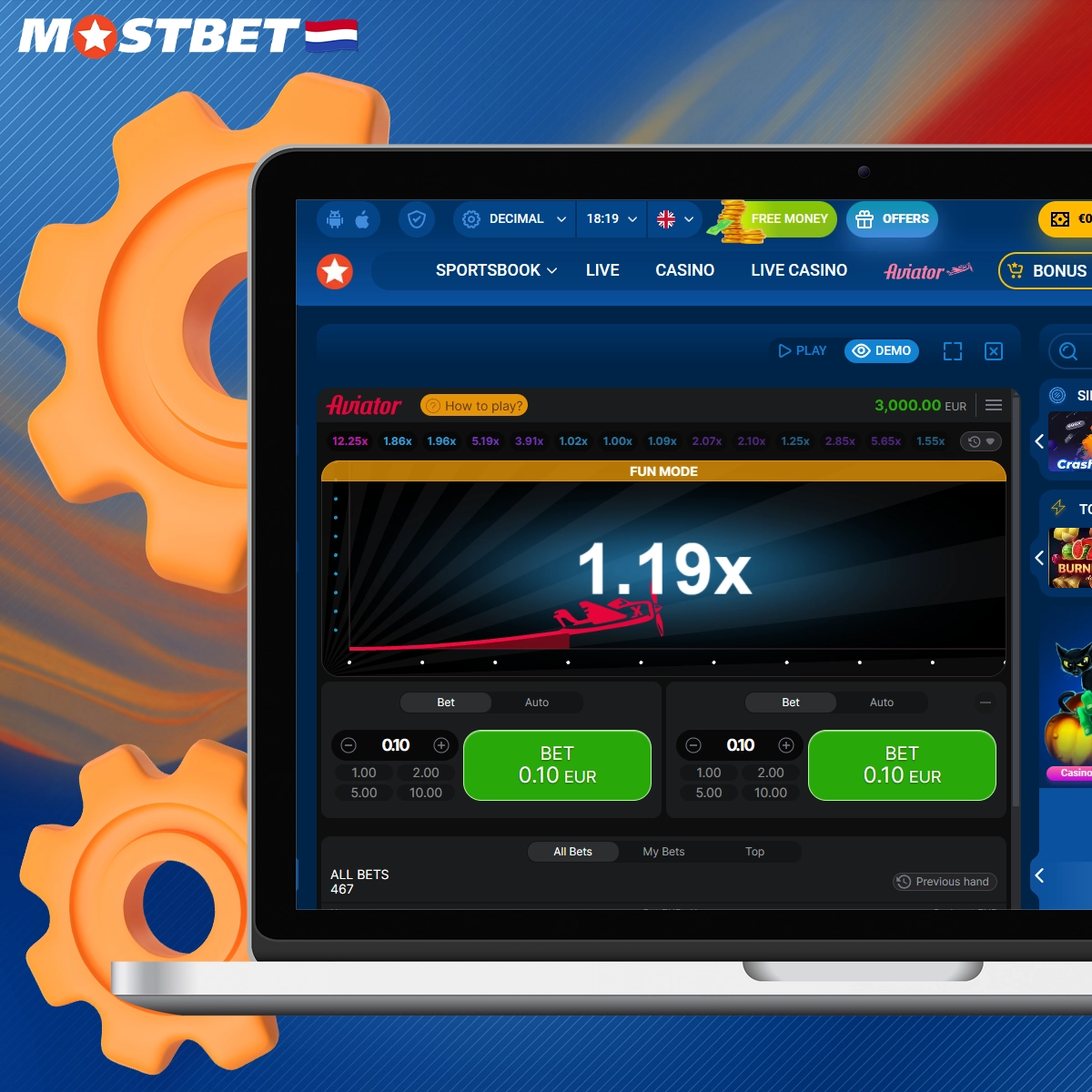 De welkomstbonus van het casino is een geweldige kans om je winsten in het Mostbet Aviator spel te maximaliseren. Met deze aanbieding kan de speler de eerste storting tot € 300 verdubbelen + 250 gratis spins, waarbij de bonus kan oplopen tot wel 125% tot € 400 als de storting binnen 30 minuten na registratie wordt uitgevoerd.