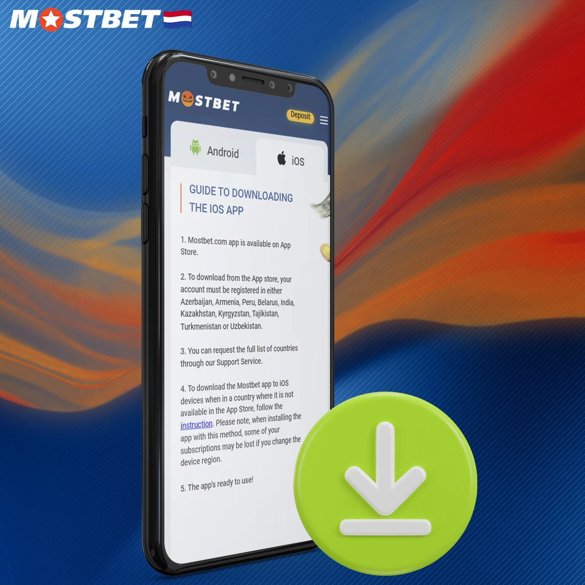 Instalinstructies voor de Mostbet-app op iOS.