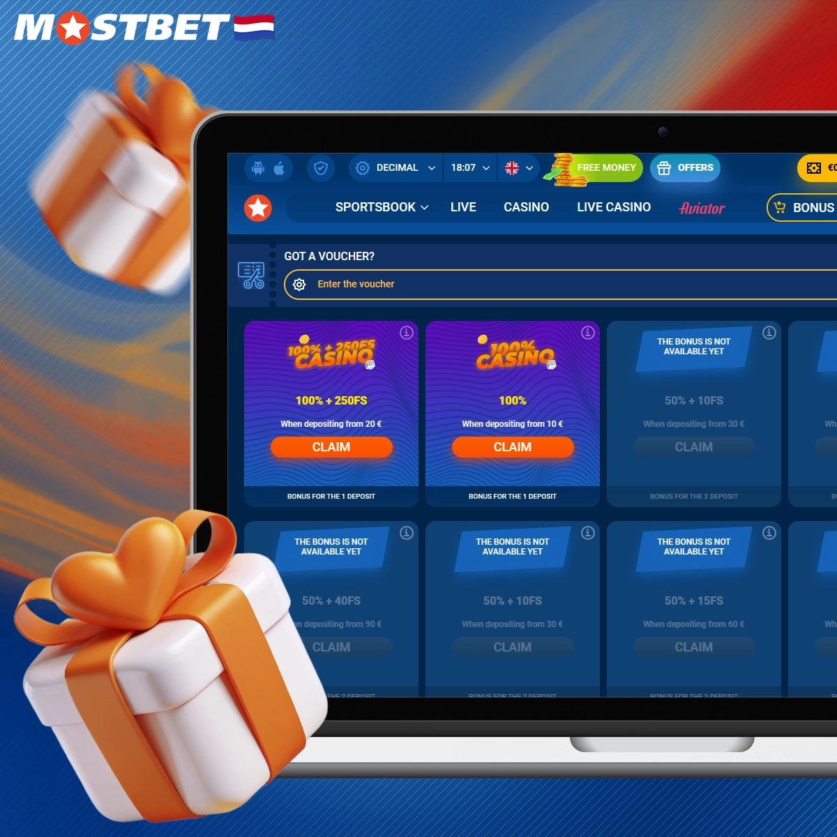De welkomstbonussen na registratie bij Mostbet.