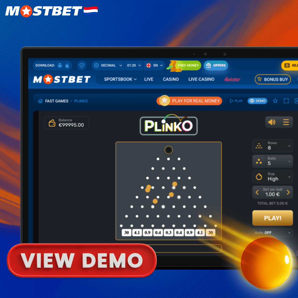 Speel de Plinko-demo bij Mostbet in Nederland